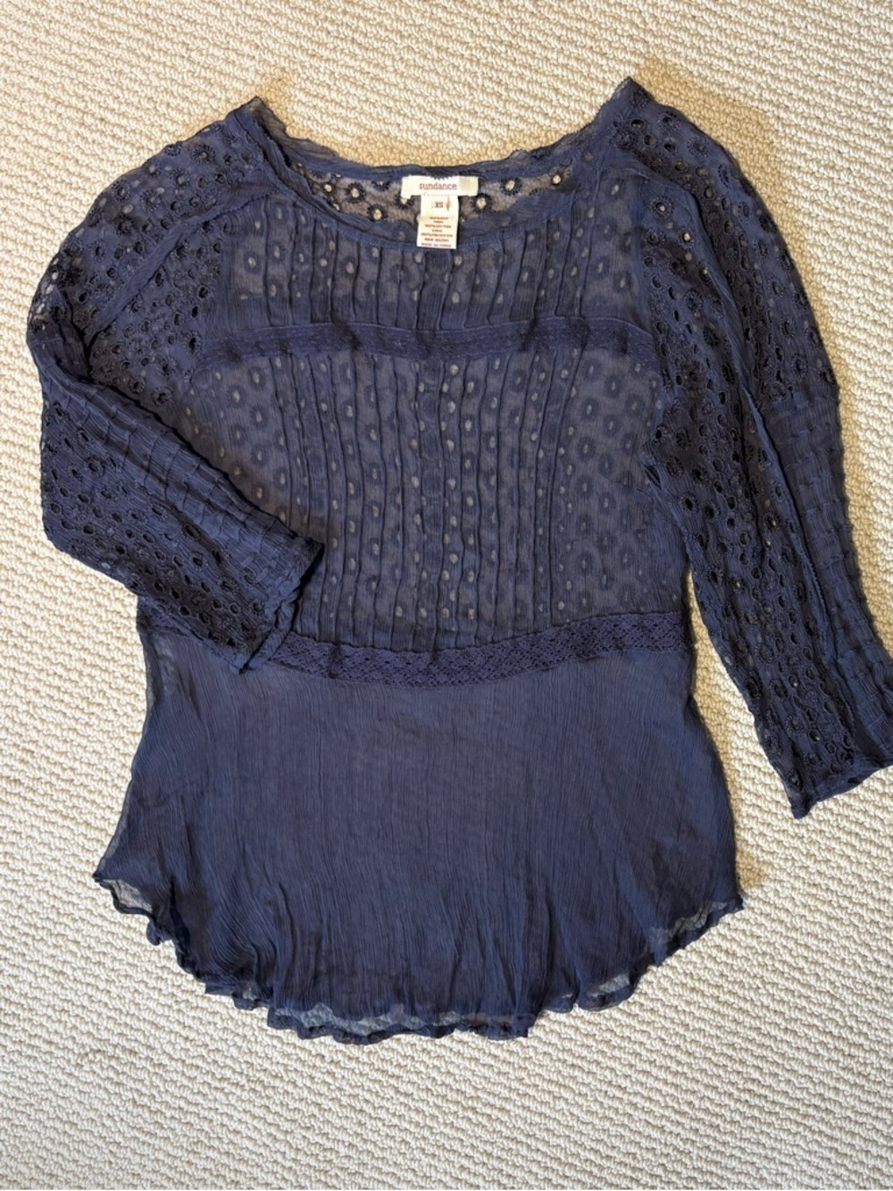 Sundance womens silk XS sheer blouse deep blue dark angel romantic Victorian